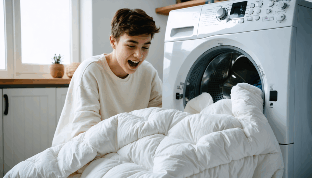 scopri il trucco per un piumino perfetto: basta tre gocce in lavatrice per eliminare grumi e cattivi odori, riportandolo come nuovo.